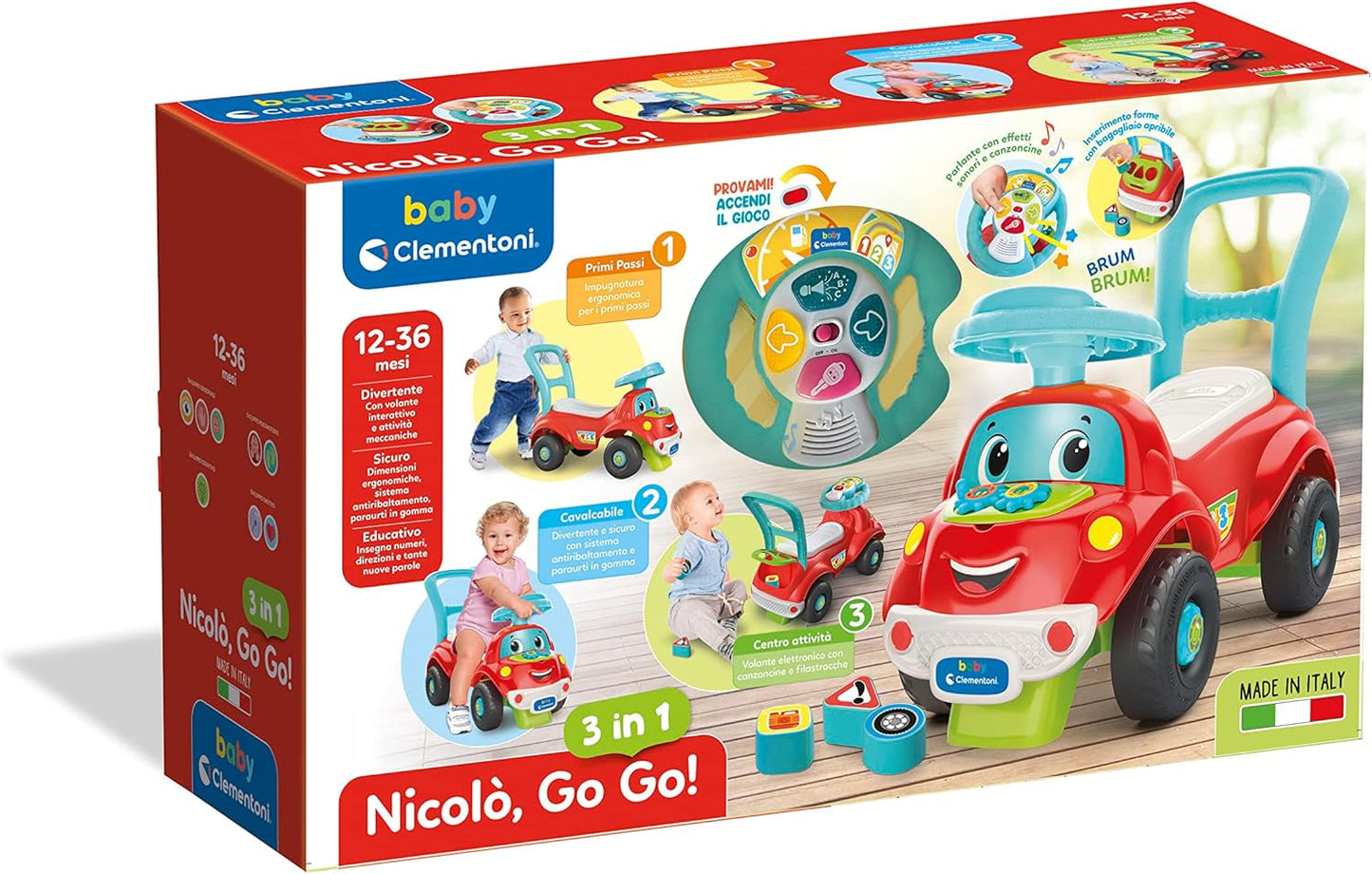 Clementoni - 17747 - Nicolò Go Go 3 i 1 - Kørebil, elektronisk læringshøjttaler, første trin, lys og lyde, spil til 1-årige - Made in Italy Bebe Toys Naty Shop