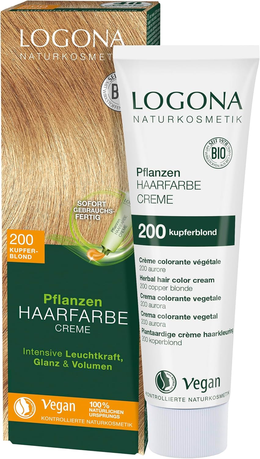 LOGONA Natural Cosmetics Plant Hair Color Cream 240 Nougat Brown, Naturlig farve til brunt hår med henna, farvecreme til brune toner, farvning til mørkt hår, 150ml Hårfarve Naty Shop 200 Blond kobber