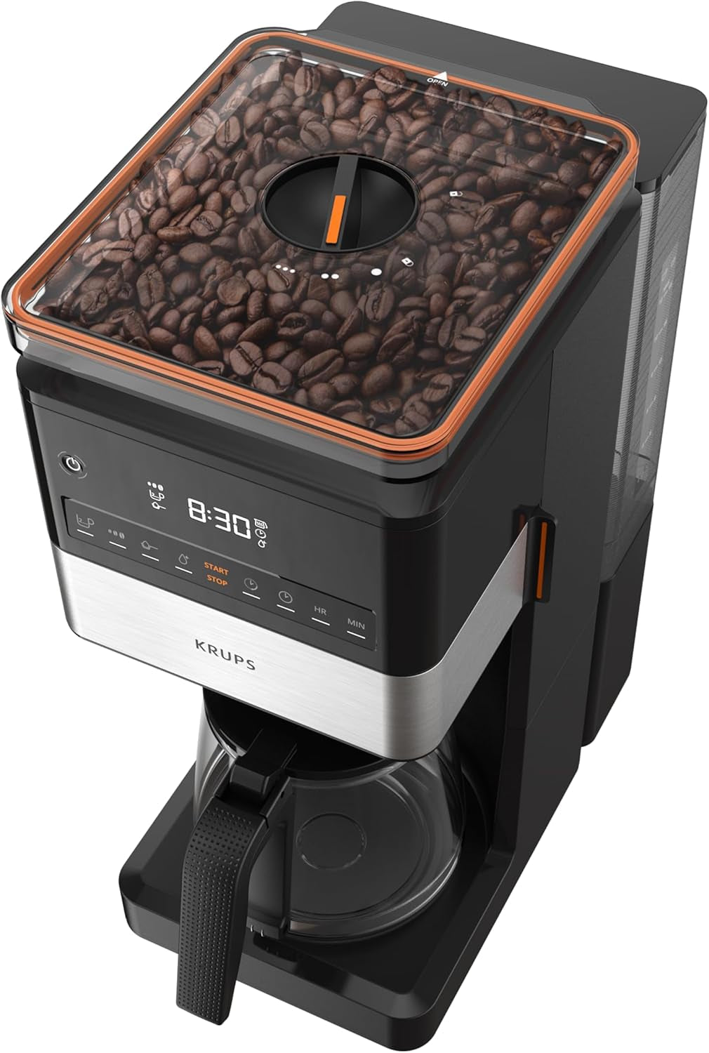 KRUPS Grind Aroma XL Espressomaskine, Aftagelig konisk kværn, Digital Kontrolpanel, XL Kapacitet (1,5 L), Hold varm funktion, Glaskaraffel, Sort/rustfrit stål, KM842810
