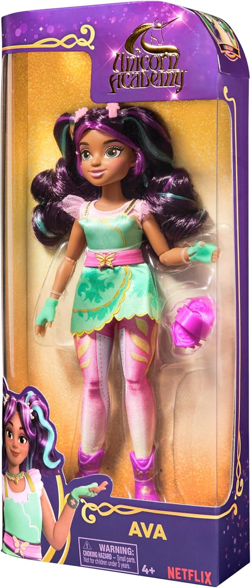 Unicorn Academy Ankleidepuppe Ava - die Originalpuppe zur beliebten Netflix-Serie, 24 cm stor og med 7 tilbehør til fantasifulde roller, for børn i 4 år