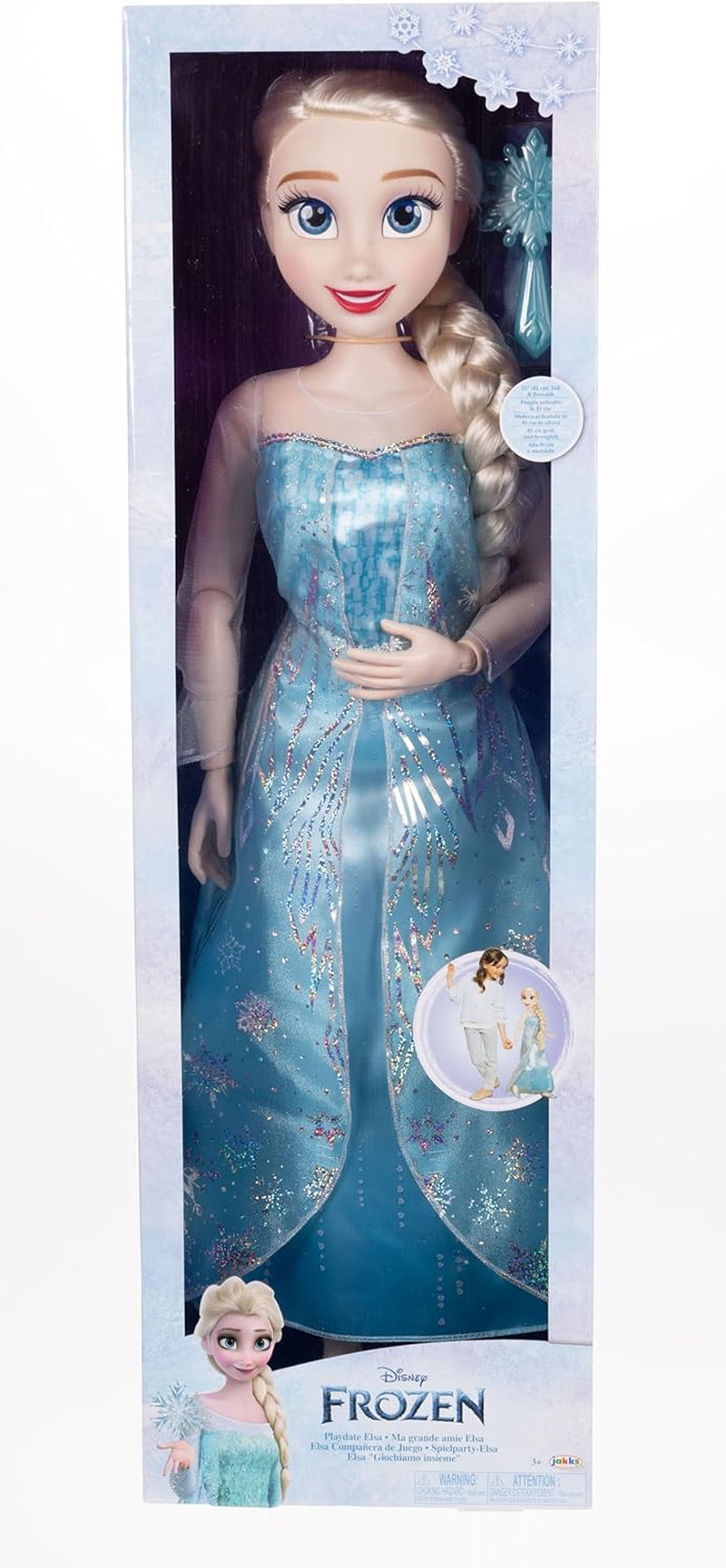 Disney Frozen Playdate Elsa Giant Doll 80 cm fra Jakks Pacific Fuldt leddelt dukke med 11 artikulationspunkter Inkluderer hårbørste og tilbehør