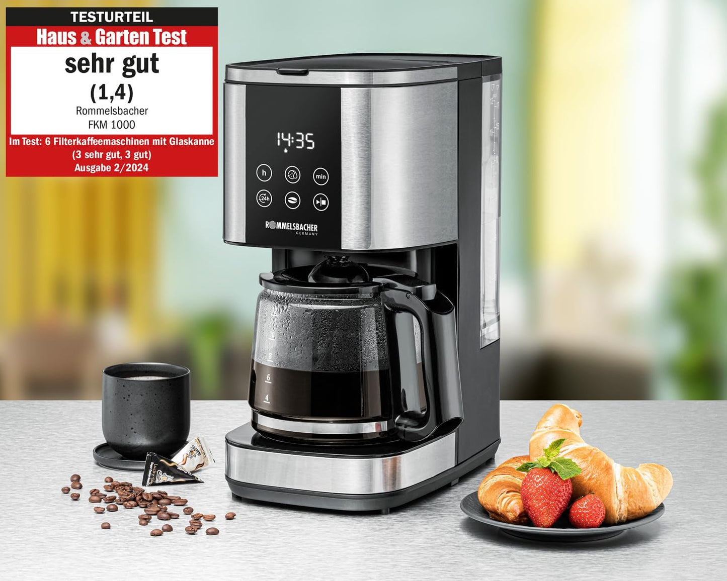 Rommelsbacher FKM 1000 filter espressomaskine - 1,5 liters vandtank til 12 kopper kaffe, glaskaraffel, udskudt start, holde varm funktion, aroma funktion, aftagelig filterholder 1x4