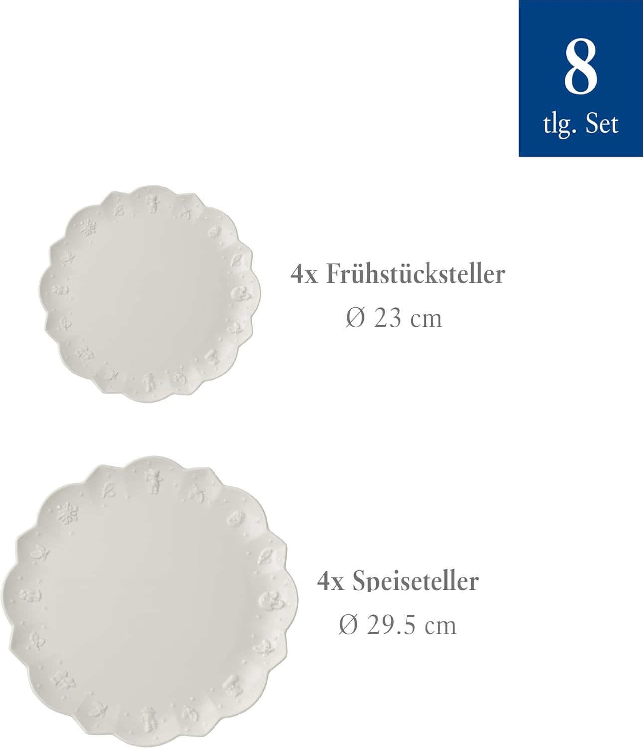 Villeroy & Boch Toy's Delight Royal Classic 8-delt porcelænssæt, Tåler opvaskemaskine og mikroovn, hvidt, tallerkener, 4-personers porcelænssæt, julestel, legetøj, premium porcelæn