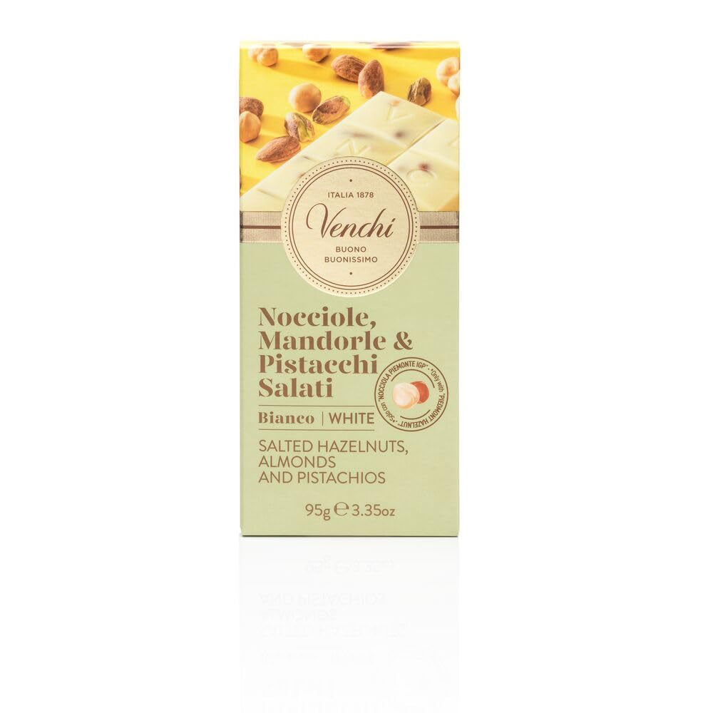 Venchi - Saltet hasselnøddebar, saltede hasselnødder, mandler og pistacienødder, 95 g, med "Piemonte-hasselnødder", glutenfri, ingen kunstige farver og ingen konserveringsmidler
