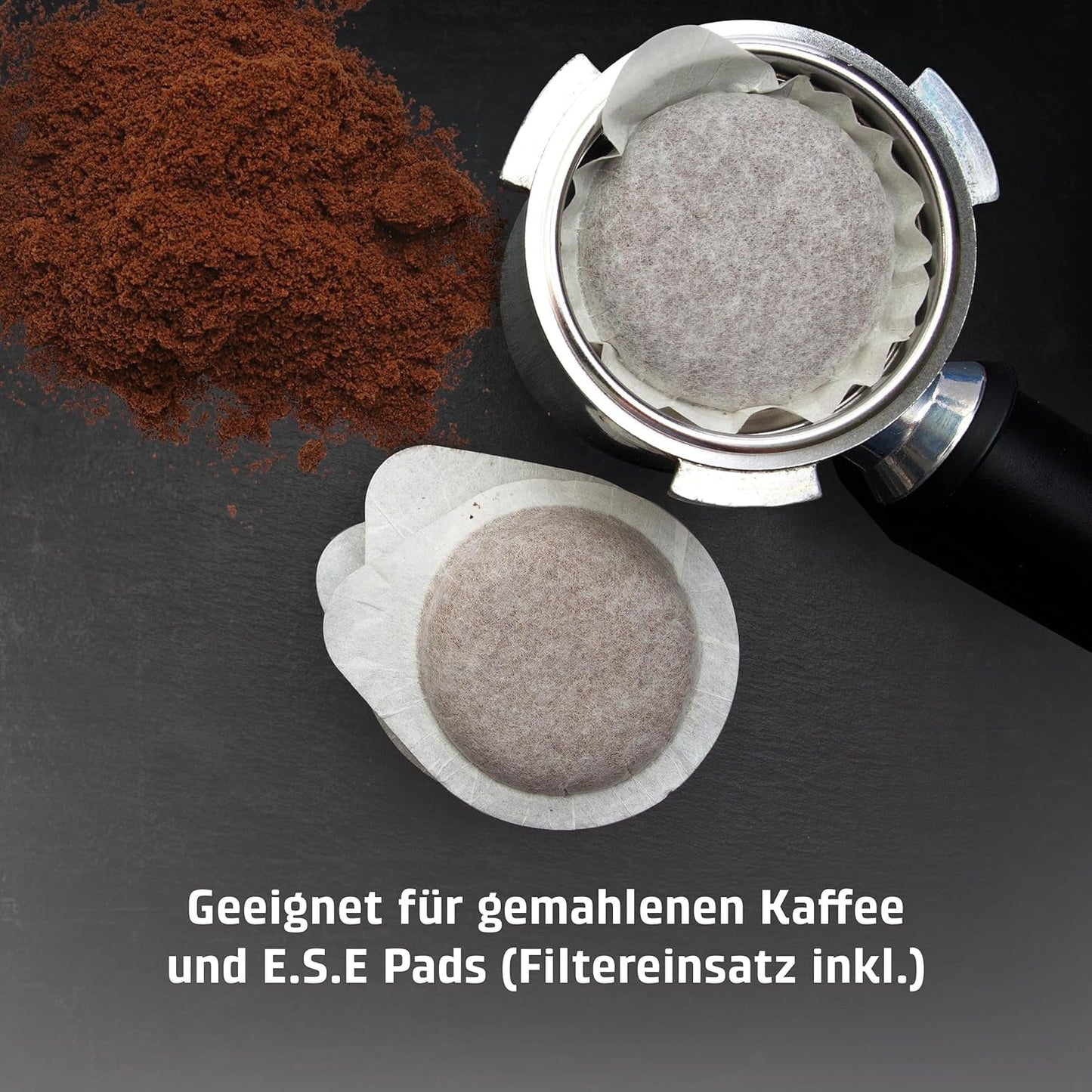 CASO EspressoGourmet Crema - Portafilter espressomaskine med mælkeskummer, espresso, cappuccino, rustfrit stål portafilter, ULKA 20 bar pumpe, kaffemaskine, malet kaffe, ESE kapsler