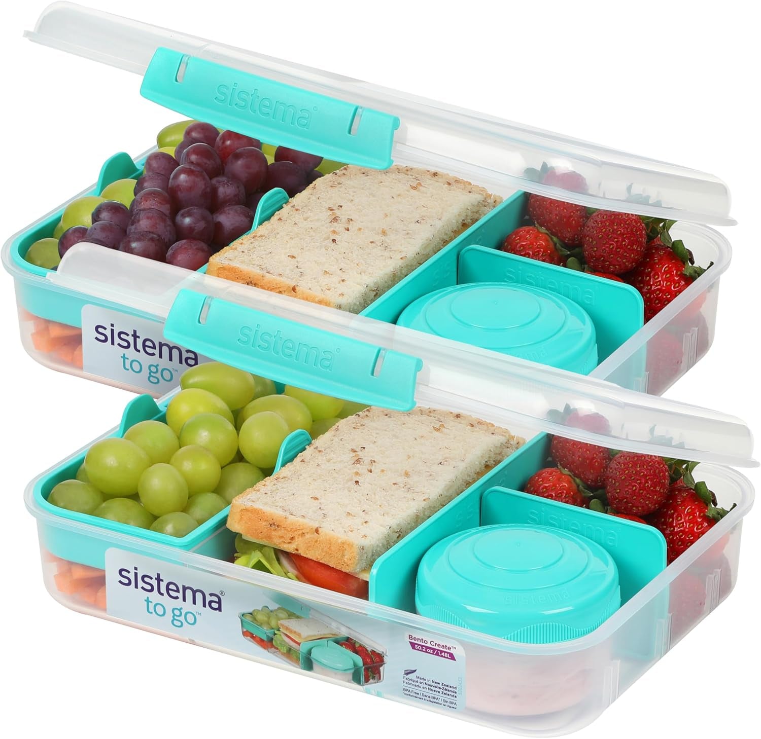 Bento Box TO GO madkassesystem med rum | 1,25 L madpakke med yoghurt/frugtbeholder | for børn og voksne l | BPA-fri Minty Teal [21685-8T], mintgrøn Fødevarekasser Naty Shop Minty Teal 2 X 1,48 LITER