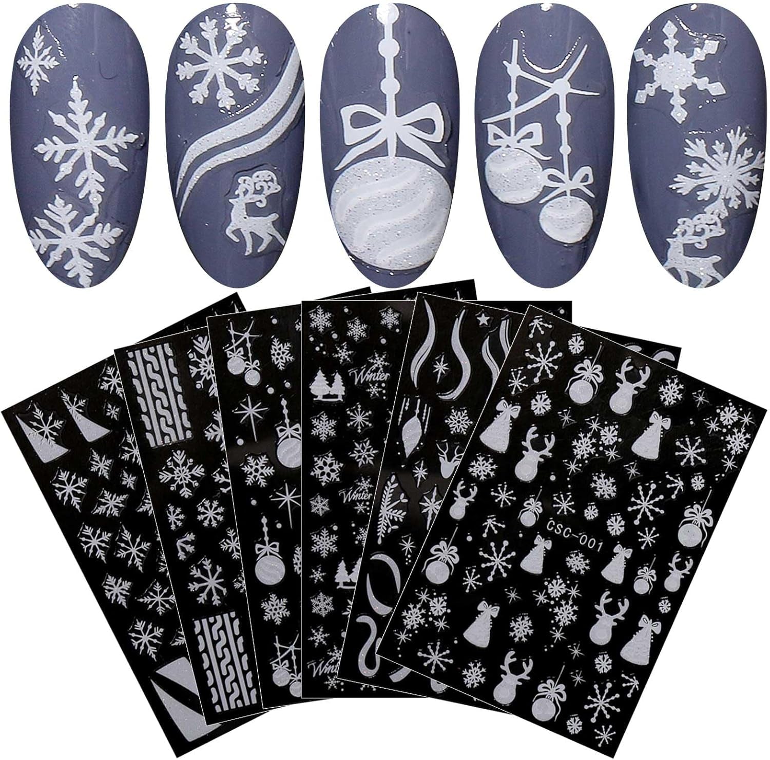 JMEOWIO Nagelsticker Weihnachten Gold Glitter Silber 8 Blatt Nail Art Sticker Selbstklebend Nagelaufkleber Schneeflocke Winterurlaub Dekoration Nageldesign Zubehör