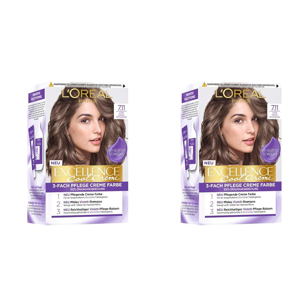 L'Oréal Paris Permanent hårfarve med ultra cool farveresultat, 100 % dækning af gråt hår, sat med farve, shampoo og plejecreme, Excellence Cool Creme, nr. 7.11 Ultra Cool Medium Blond (blond) Naty Shop Hair Dye Standard titel