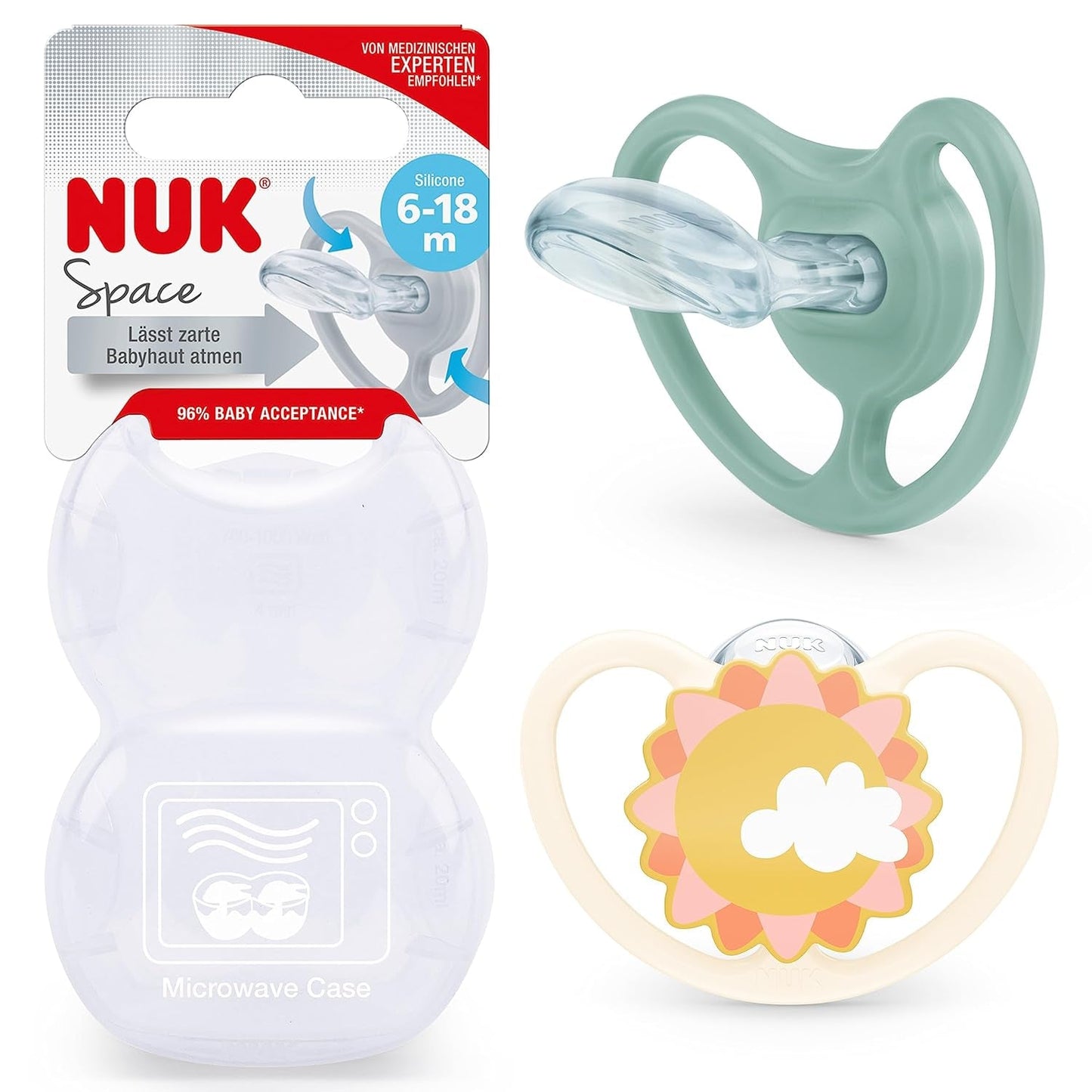 NUK Space baby sut 6-18 måneder, ekstra store åbninger til følsom hud, BPA fri silikone, zebra mønster, 2 stk.
