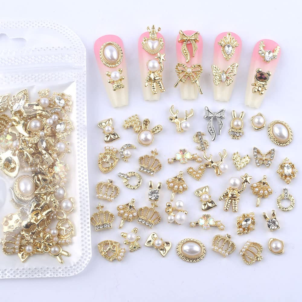 50 Stück Guld Nail Charms, Mix Styles Glitzersteine ​​Nägel Perle Legierung Nagel Steine ​​​​Blume Schmetterling Strasssteine ​​​​Nägel Herz Stern Nagel Charms DIY Nail Art Zubehör Frauen Nägel Deko