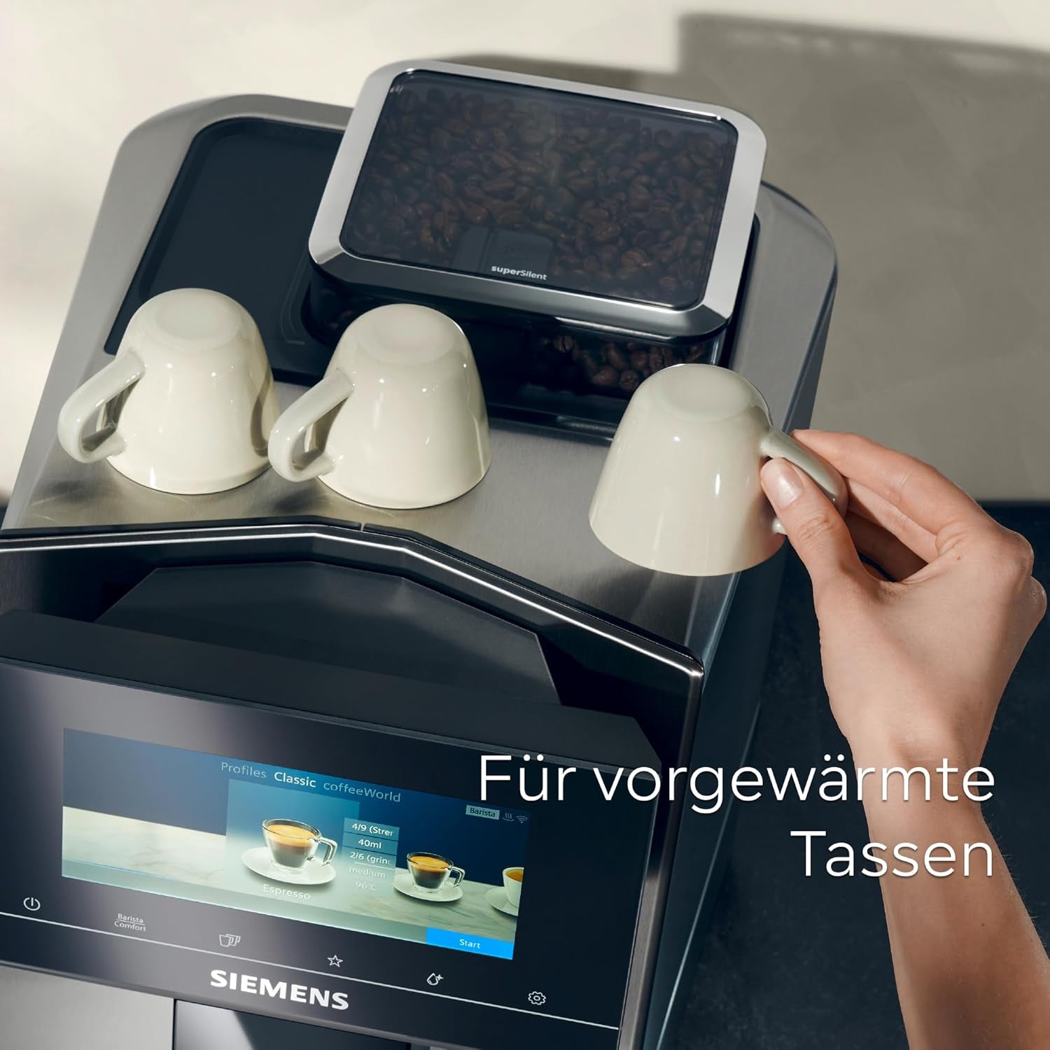 Siemens EQ900 TQ903D03 Automatisk Espressomaskine, App Control, Intuitiv Touch Display, Barista Mode, AromaBoost, Støjreduktion, Premium Kværn, Automatisk Damprensning, 1500 W, Rustfrit stål