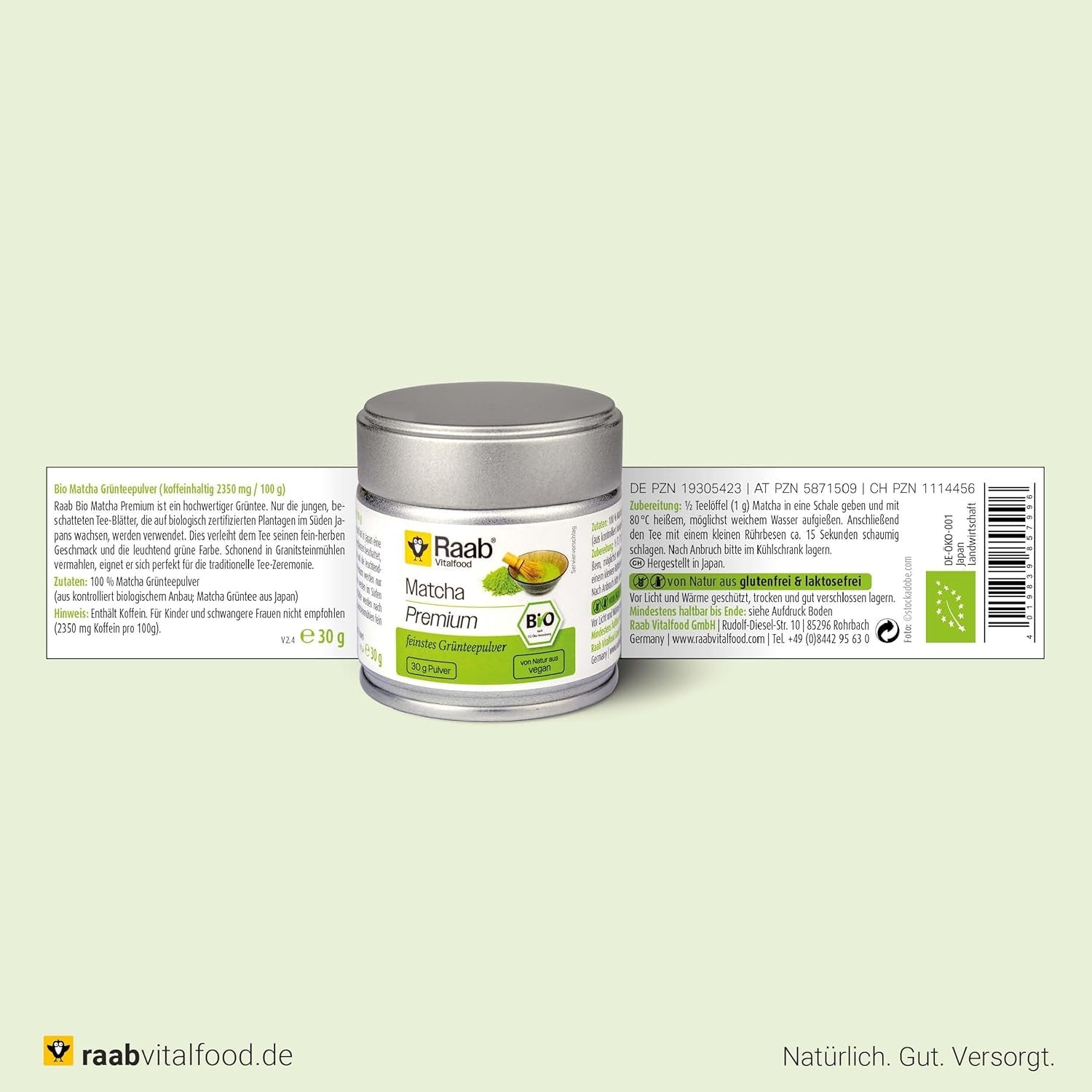 Raab Vitalfood® Premium Bio Matcha Pulver (30g) - Original fra Japan, ren matcha pulver uden tilsætningsstoffer, fint malet, mild-bitter smag, grøn te pulver, vegansk, te ceremoni