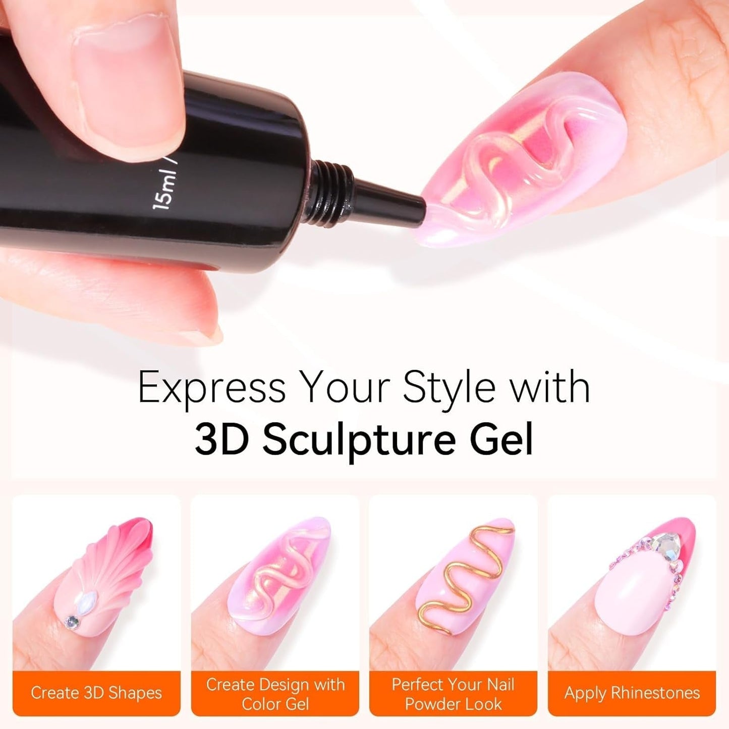 Makartt 3D Nail Art Gel - Rhinestone Glue Gel 15G til Nail Nøgleringe, Multifunktionel Nail Sculpture Gel til DIY Nail Design, Nail Sculpture Nail Modeling at Home (gennemsigtig)