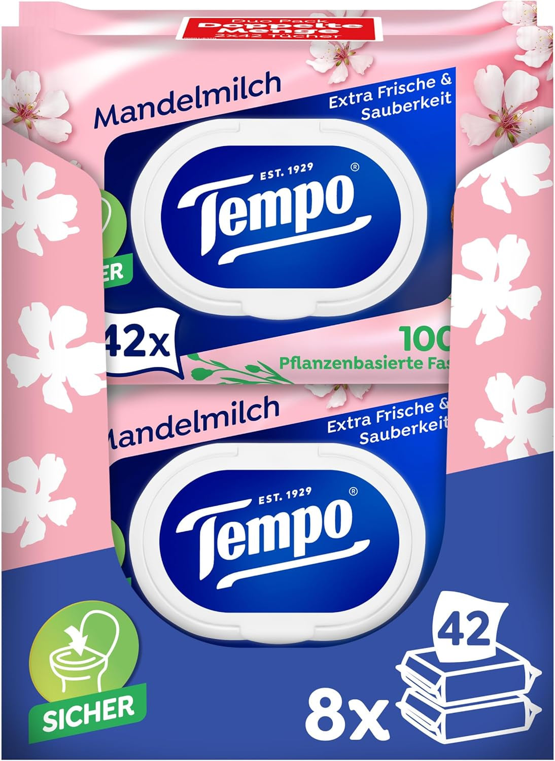 Tempo ''Gentle & Sensitive'' våde toiletservietter - Megapack - 16 pakker med 42 servietter hver - Duo Packs - Natural Aloe Vera - Hygiejnisk papir, dermatologisk testet, hudneutralt