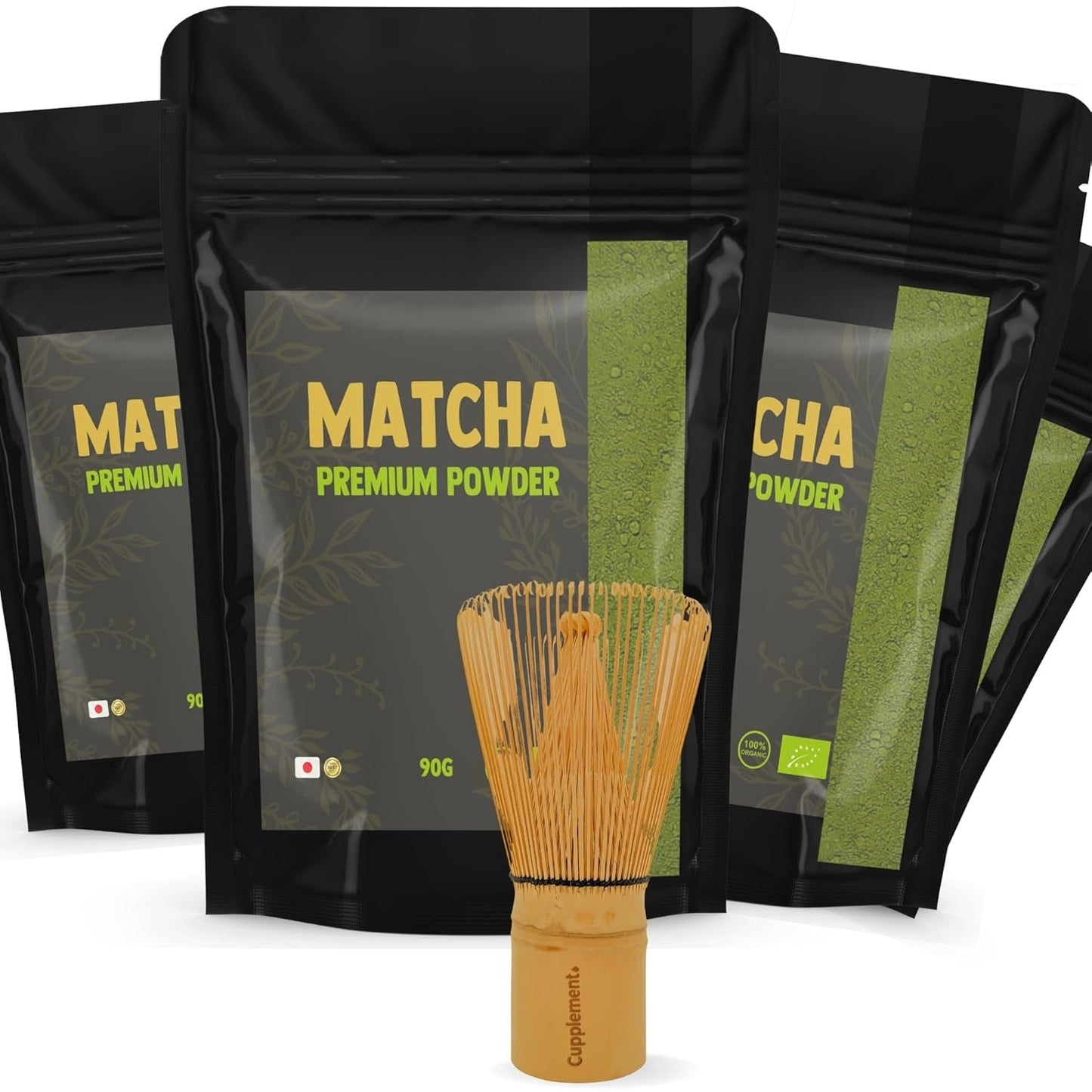 Supplement Matcha 90 gram økologisk - Højeste kvalitet pulveriseret grøn te - Ingen bambus piskeris og tråd - Culunary - Begynder sæt - Latte - Piskeris - Japan - Pulver - Te - Wire - Taske - Smoothie