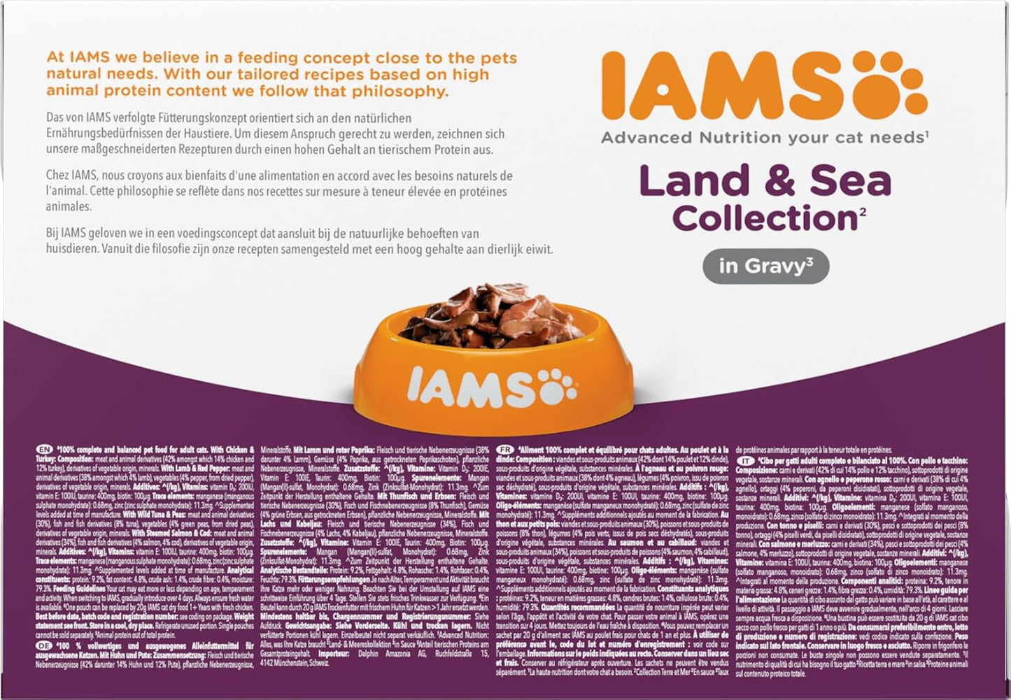 IAMS Delights Land & Sea Collection våd kattefoder - kød- og fiskesortiment Multipak i sauce, vådfoder til katte fra 1 år og derover, 12 x 85 g