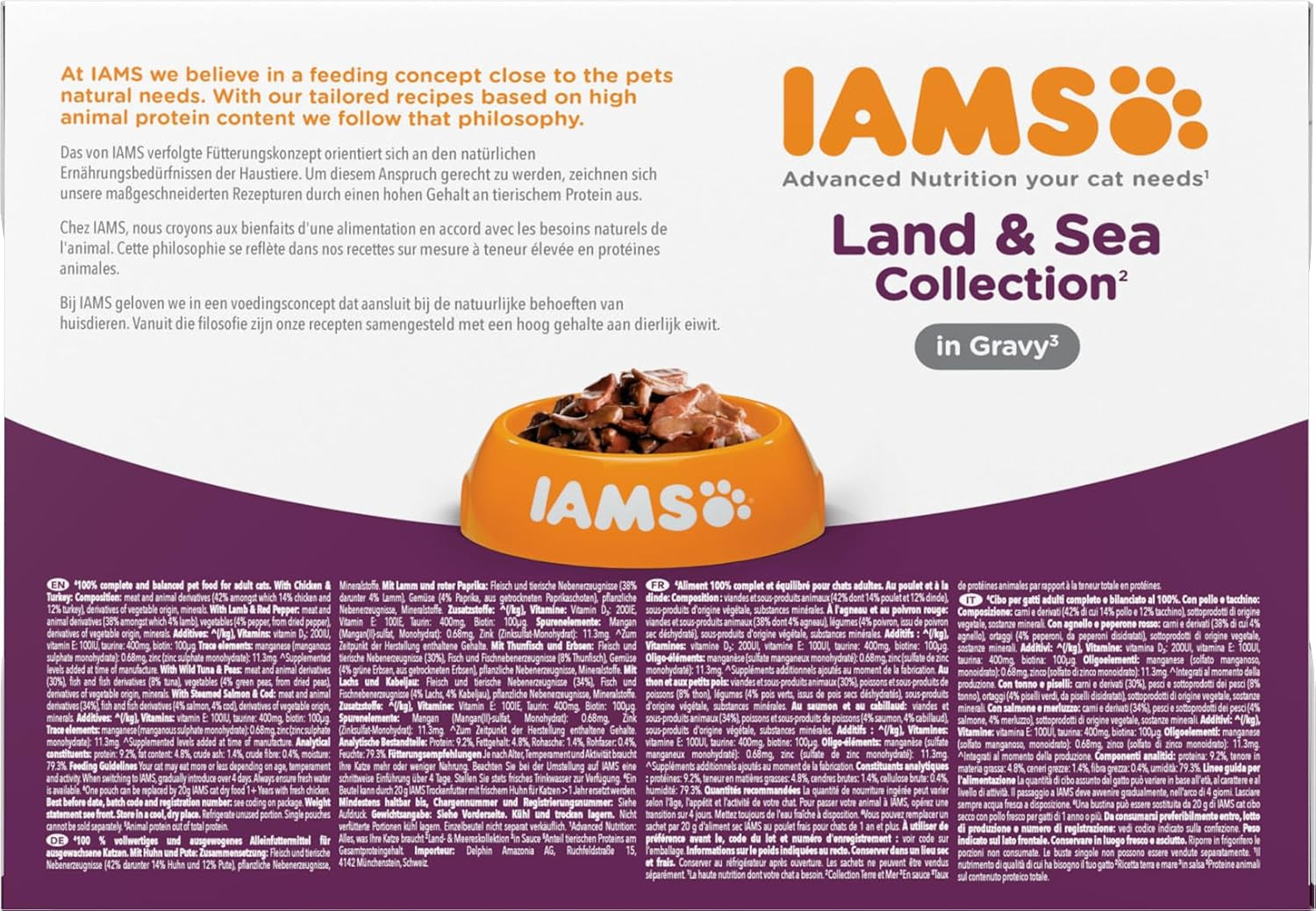 IAMS Delights Land & Sea Collection våd kattefoder - kød- og fiskesortiment Multipak i sauce, vådfoder til katte fra 1 år og derover, 12 x 85 g