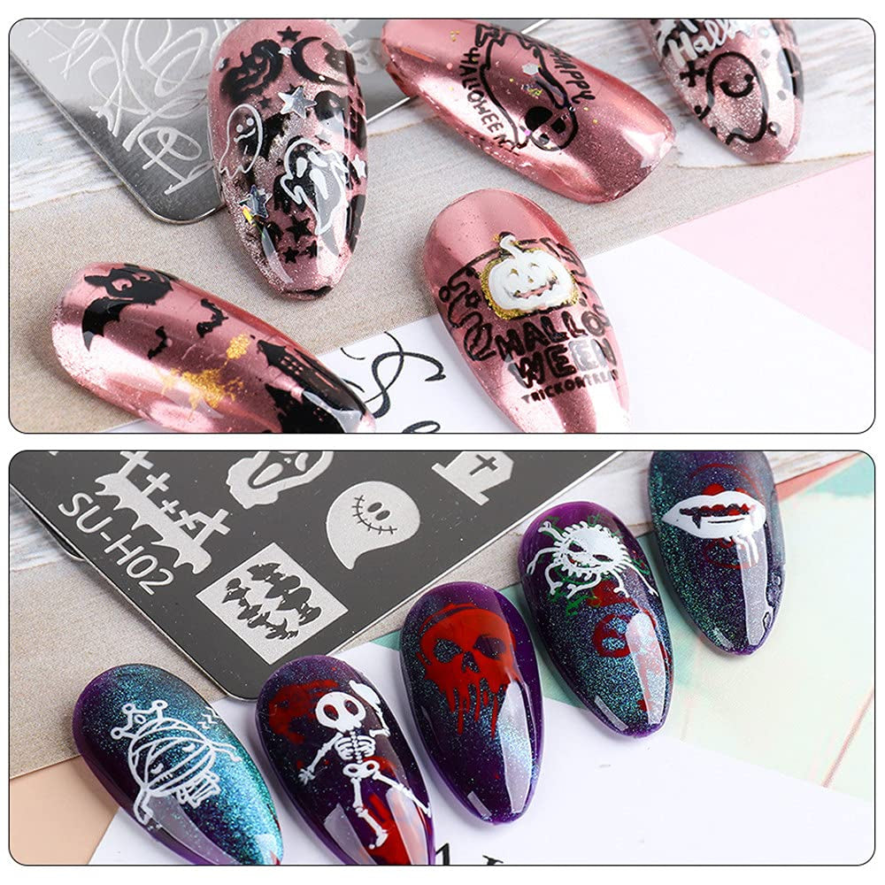 JMEOWIO Nail Stamping Stencils Halloween 6 Stück Nagelstempel Stencils Nail Art Dekoration Nageldesign Tilbehør Böse Gruselige Kürbis-Geisterhexe