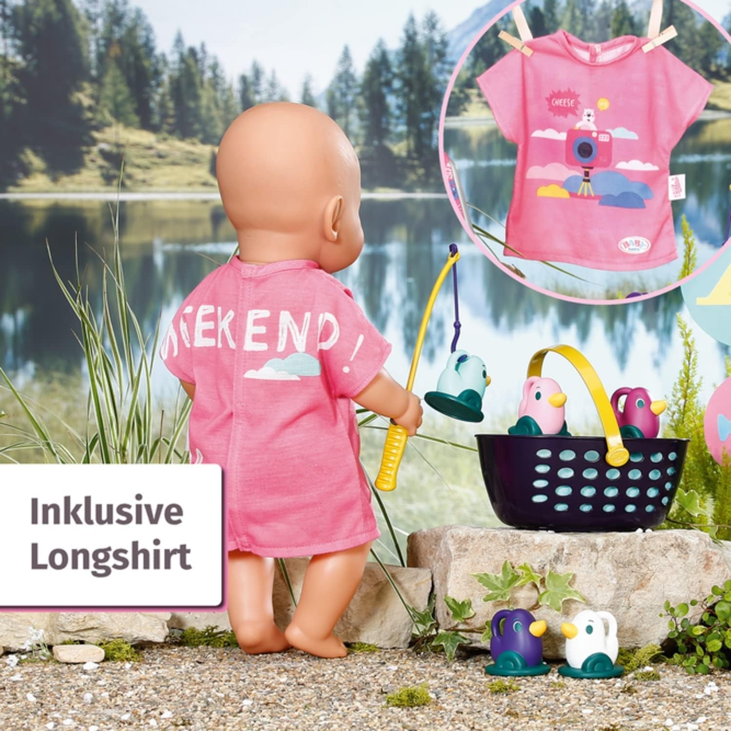 BABY born 832790 Weekend Fishing - Fiskedukke-tilbehørssæt med solseng med levende print, sidebord, glas, kurv, ællinger og fiskestang og pink lang skjorte, Pink