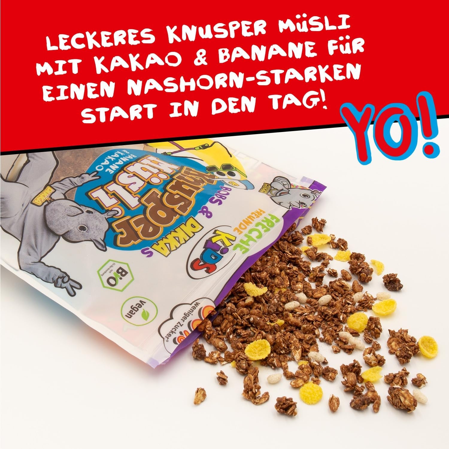 FRECHE FREUNDE KIDS, Bobs & DIKKAs Crunchy Banana Cacao Müsli, Crunchy Chokolade Müsli til børn, Lavt sukkerindhold, ingen tilsætningsstoffer, 100 % vegansk, 6 stykker (6 x 280 g)