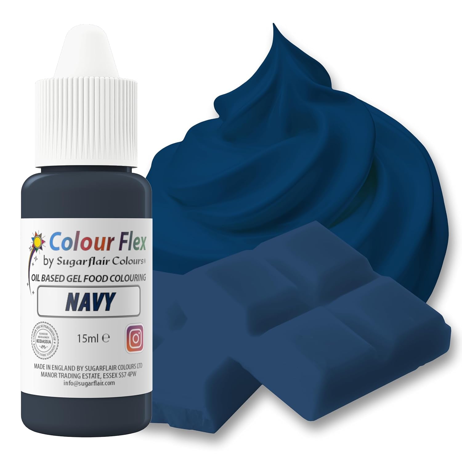 Sugarflair Colourflex oliebaseret fødevarefarve, marineblå, højkoncentreret flydende fødevarefarve, madfarve til smørcreme, chokolade, dej, fondant, glasur og mere - 15 ml