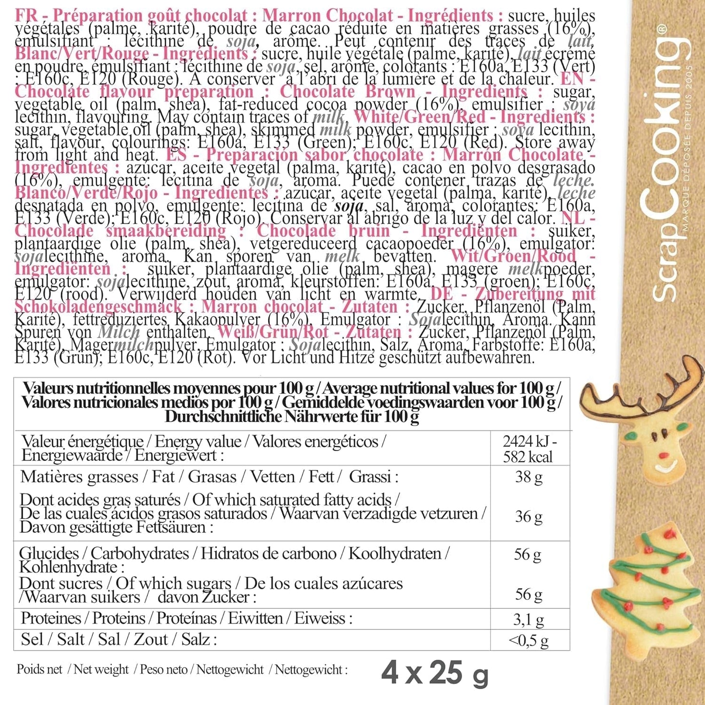 Scrapcooking - Sæt med 4 julechokoladefarvede blyanter - brun, hvid, grøn og rød - spiselig farve - madfarve til skrivning - skriv og tegn på desserter, kager og småkager - 7060