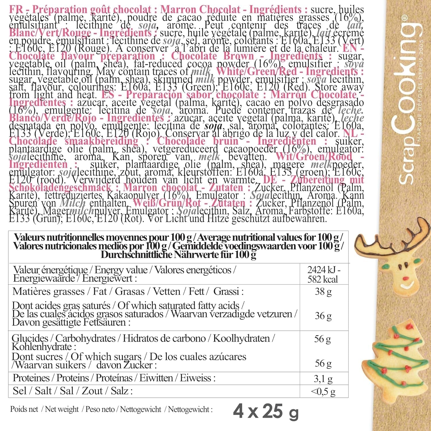 Scrapcooking - Sæt med 4 julechokoladefarvede blyanter - brun, hvid, grøn og rød - spiselig farve - madfarve til skrivning - skriv og tegn på desserter, kager og småkager - 7060