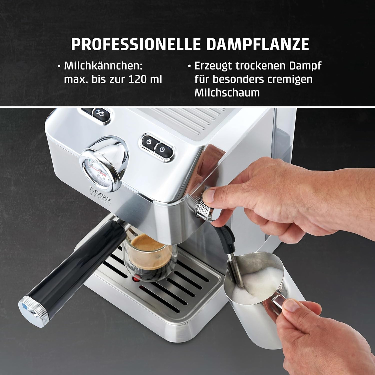 Caso Espresso Gourmet - Portafilter espressomaskine i rustfrit stål, kraftfuld 19 bar Ulka-pumpe, med mælkeskummer, til malet kaffe eller ESE-kaffekapsler, til 2 kopper, med kopvarmer