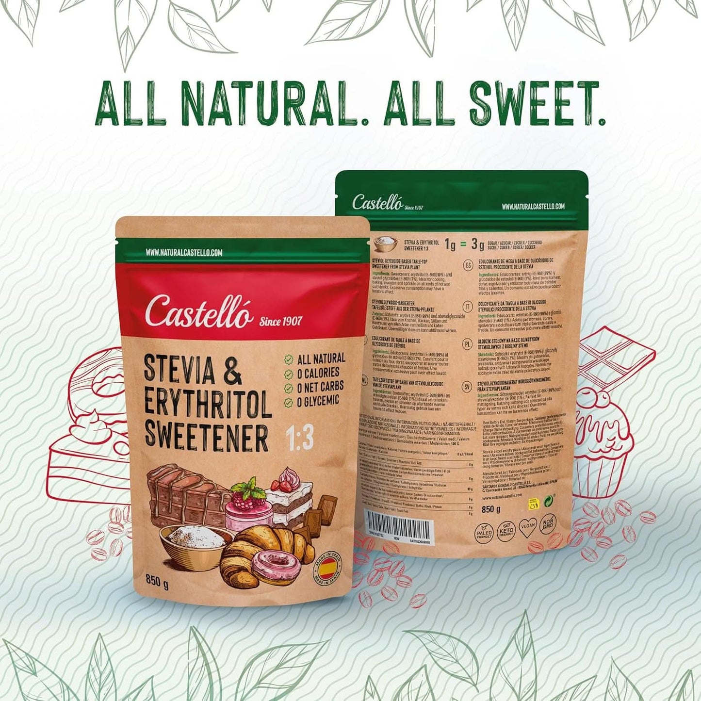Stevia + Erythritol 1:3 sødemiddel, 1G = 3G sukker, 850 gram sødemidler Naty Shop