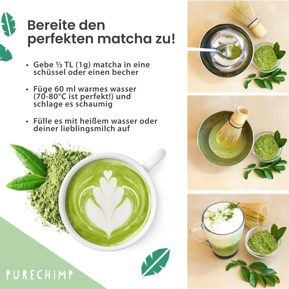 Purechimp Matcha-pulver af ceremoniel kvalitet 50 g. 100% ren skyggedyrket tepulver til lattes, infusioner og opskrifter. Genanvendelig krukke. Rig på antioxidanter.