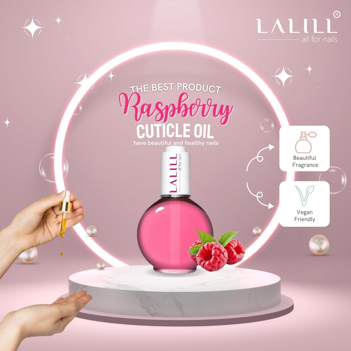 LALILL Nail Cuticle Oil 75Ml - Himbeere Nagelpflegeöl - Nagelöl Pflege Für Nägel Nagelhaut - SPA Maniküre Naildesign Hände - Vegansk - With Pipette
