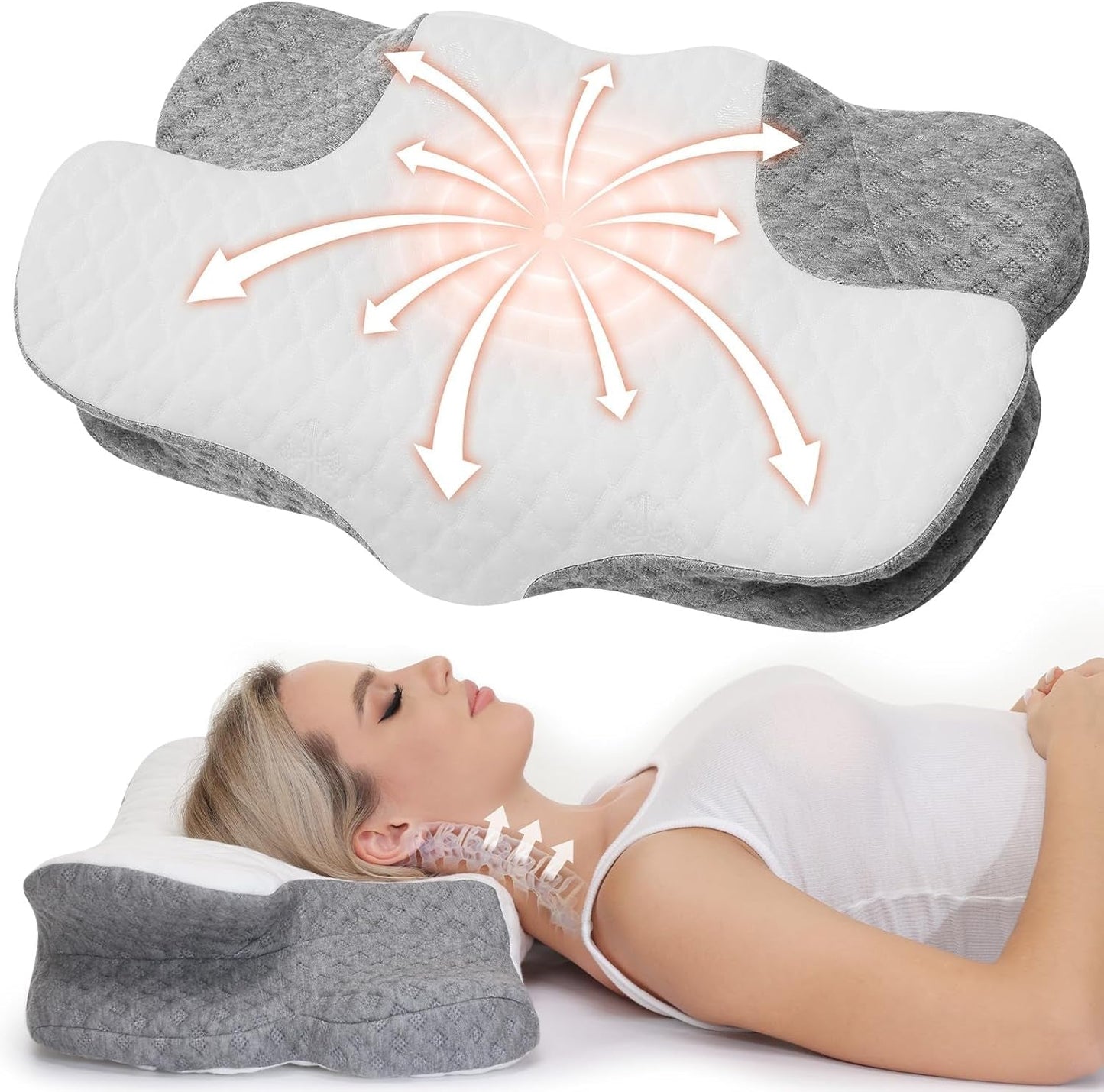 Wellsync Nakkepude Ergonomisk pude Hukommelsesskumpude Ortopædisk pude til sidesover Rygsveller Mavesover Nakkesmerter Hvid Grå Cervikal ortopædiske puder Naty Shop Standardtitel