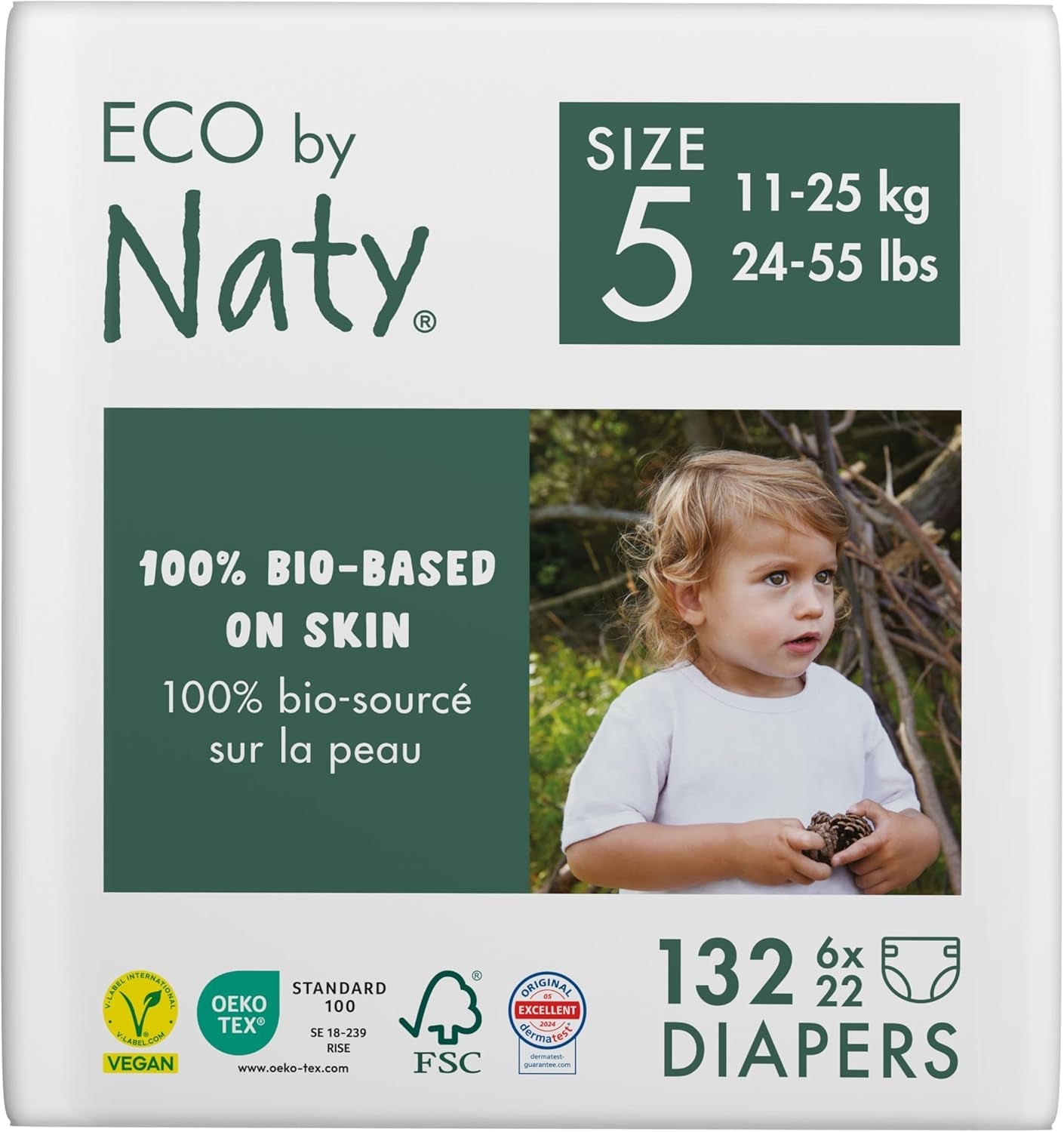 Eco Diapers Eco fra Naty Baby Eco Diapers - premium økologiske bleer, miljøvenlige, lavet af plantebaserede materialer, ideel til følsom babyhud (størrelse 5 - 80 stk.)