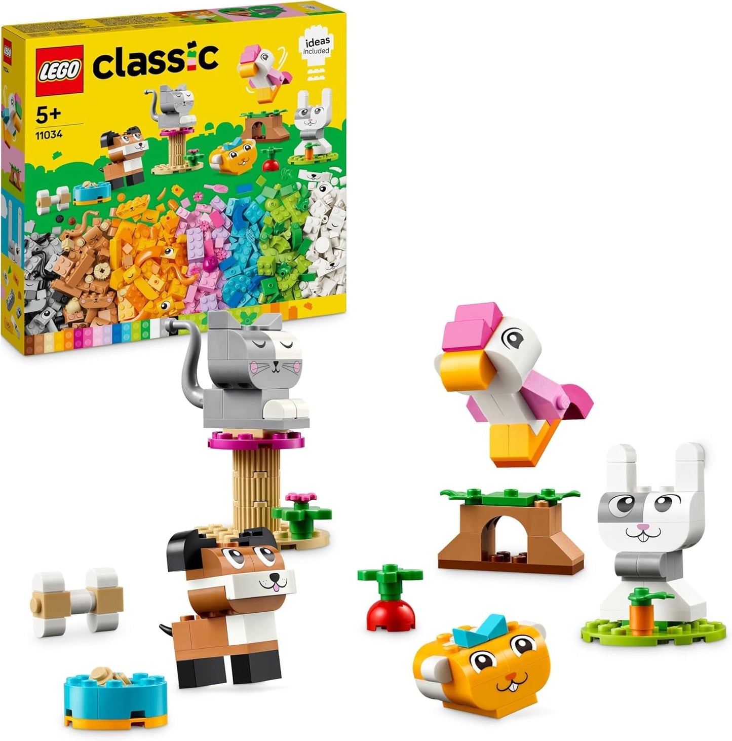 LEGO Classic Creative Animals Farverige klodser Æskebygge klodser Dyrefigurer Hund, kat, kanin, hamster og fugl Byggelegetøj til drenge og piger 5 år 11034 Byggesæt Besuche den LEGO-Store Single