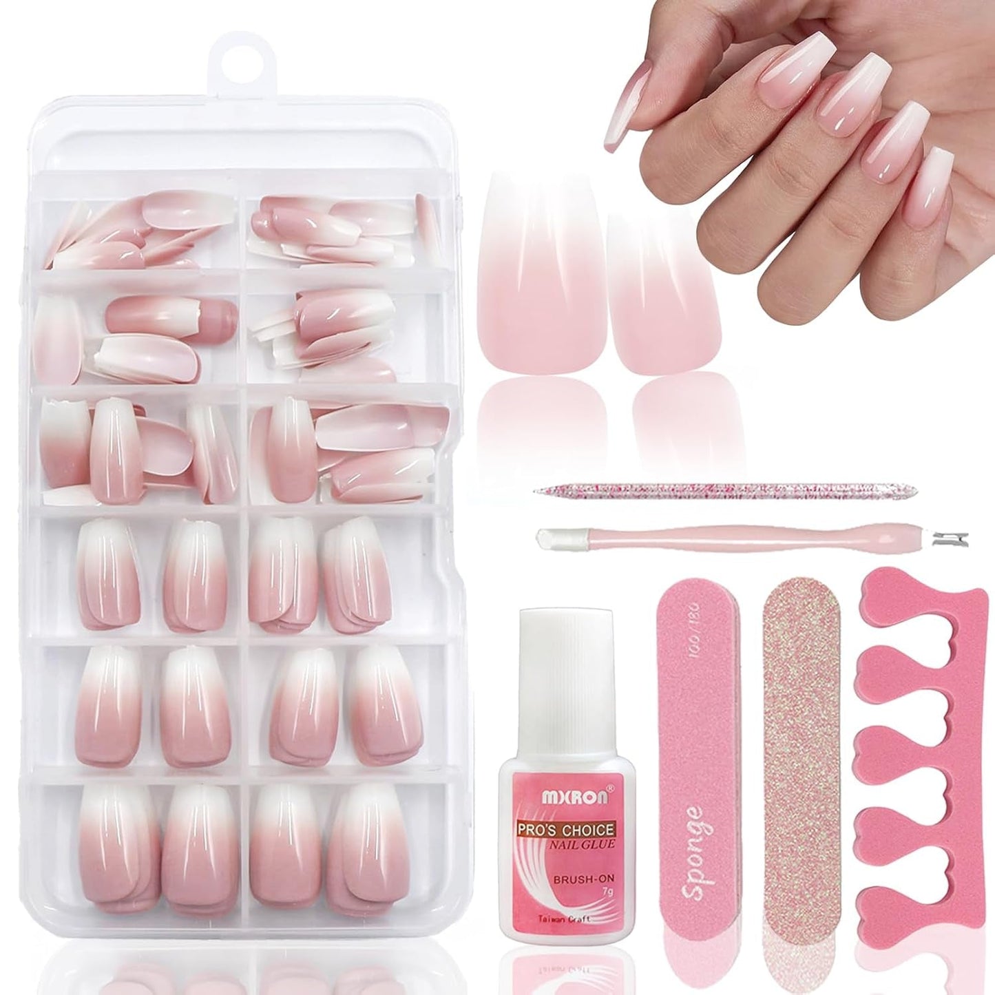 120 stk Nøgne lyserøde falske negle med neglelim - 12 størrelser Kort oval firkantet tryk på negle - smukke negle, lim på kunstige negle - velegnet til kvinders DIY negledesign (Squaval Pink Gradient)