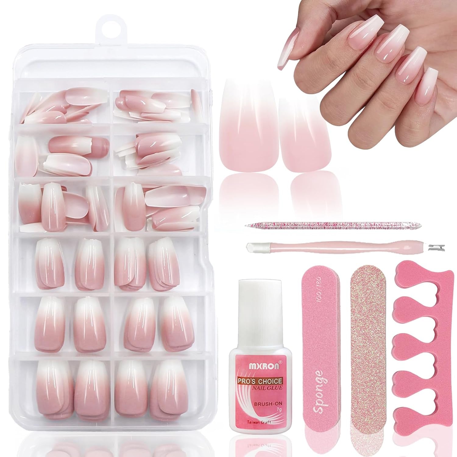 120 stk Nøgne lyserøde falske negle med neglelim - 12 størrelser Kort oval firkantet tryk på negle - smukke negle, lim på kunstige negle - velegnet til kvinders DIY negledesign (Squaval Pink Gradient)