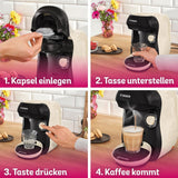Bosch Tassimo Happy Friendly TAS107E Kapsel Espressomaskine, 70+ drikkevarer, velegnet til alle kopper, Auto-Stop, Bæredygtig, Perfekt Dosering, Pladsbesparende, 1400W, Creme/sort