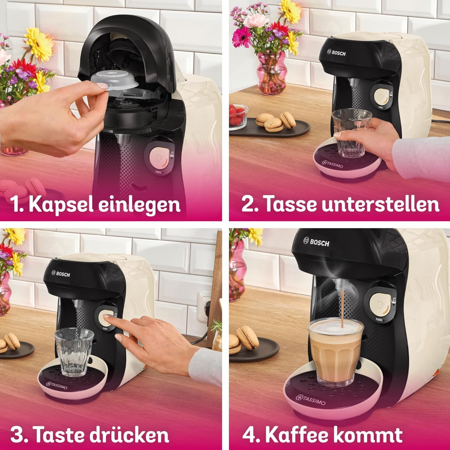 Bosch Tassimo Happy Friendly TAS107E Kapsel Espressomaskine, 70+ drikkevarer, velegnet til alle kopper, Auto-Stop, Bæredygtig, Perfekt Dosering, Pladsbesparende, 1400W, Creme/sort