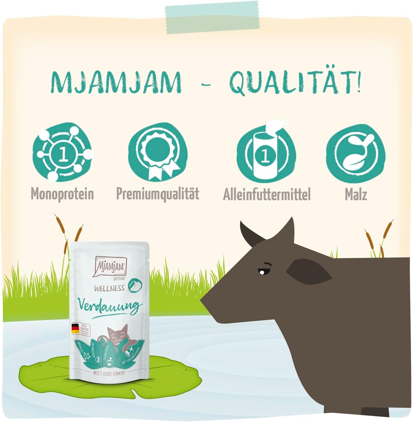 MjAMjAM - Premium våd kattefoder - Wellness - Fordøjelse - Oksekød, pakke med 12 (12 x 125 g), kornfri