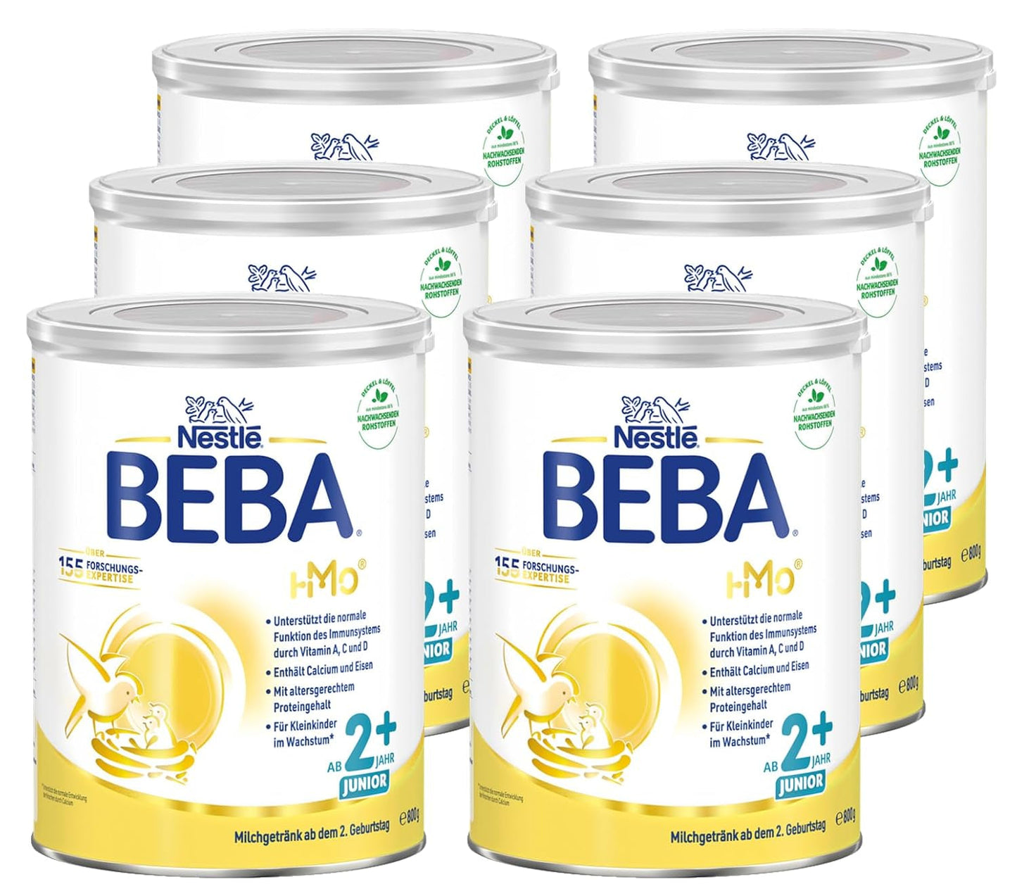 BEBA Junior 2+ mælkedrik fra 2 år, med HMO, alderssvarende proteinindhold, kun laktose, ingen palmeolie, ingen fiskeolie, småbørnsmad, babymælkpulver, pakke med 6 (6 x 800 g)