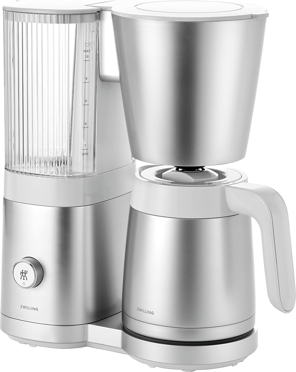 ZWILLING ENFINIGY Filter-espressomaskine med 1,5 l glaskaraffel, espressomaskine med rustfri stålkedel, blomstrende funktion og smart afkalkning, plastik, sølv