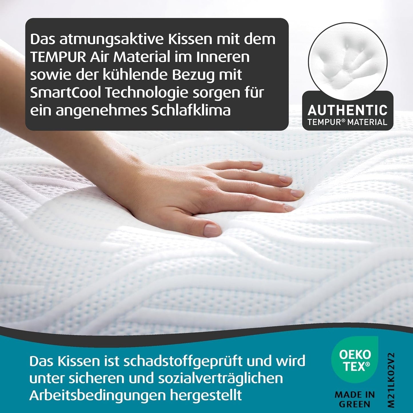 TEMPUR Comfort Air Medium sovepude, Åndbar pude til enhver soveposition, OEKO-TEX MADE i GRØN, medium fasthed, 40 X 80 Cm Naty Shop standardpuder