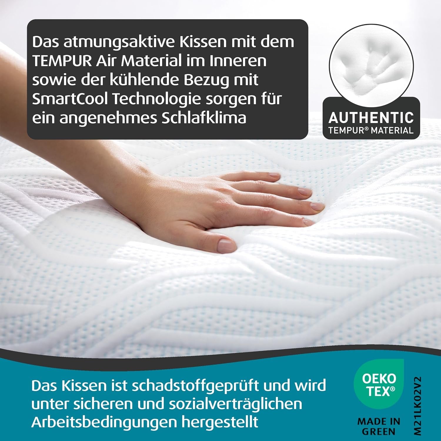 TEMPUR Comfort Air Medium sovepude, Åndbar pude til enhver soveposition, OEKO-TEX MADE i GRØN, medium fasthed, 40 X 80 Cm Naty Shop standardpuder