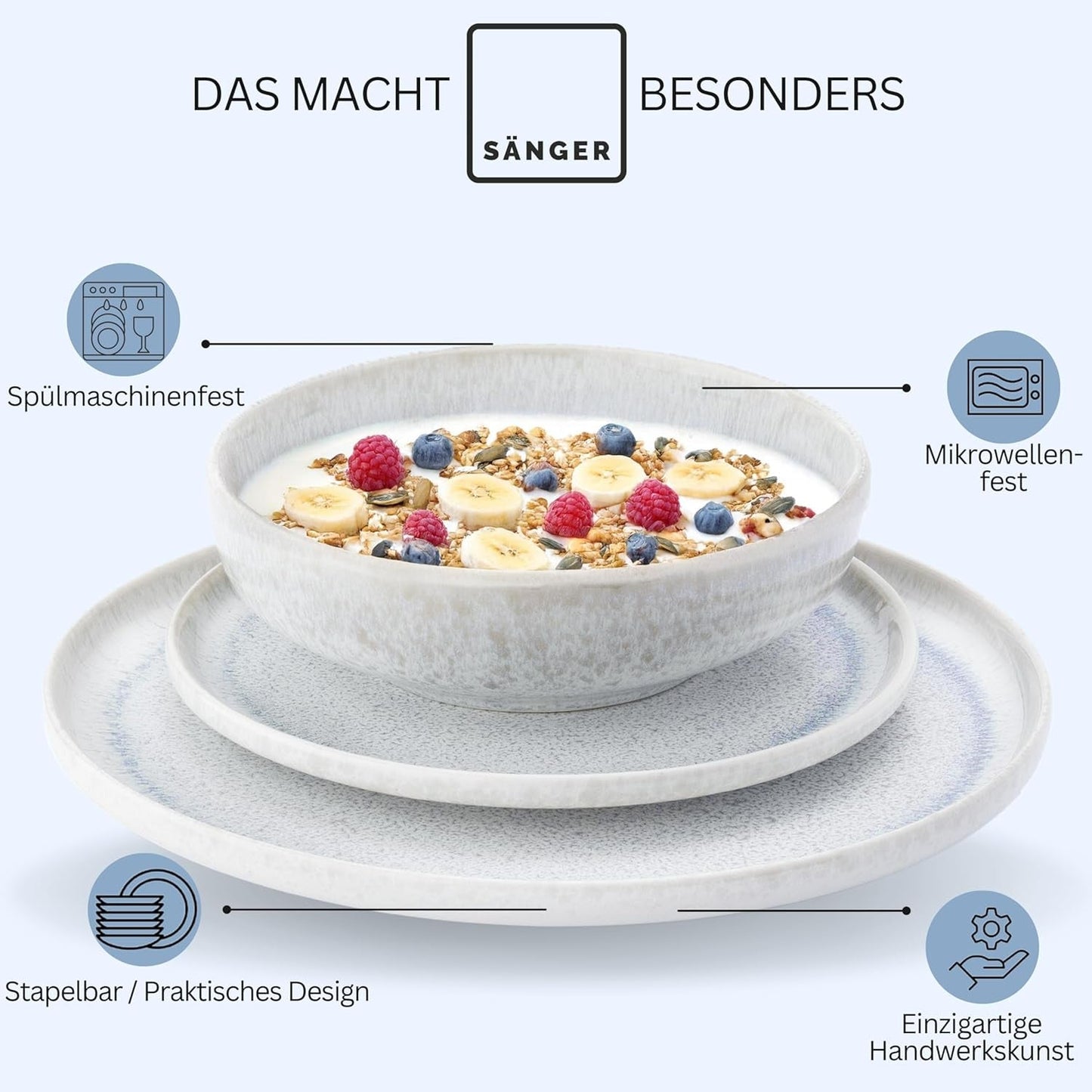 SANGER | 12 stykker Santorini Spisetøj Sæt 4 Person Tallerken Sæt MEGET GOD Vurderet Stentøj Spisetøj Sæt Inklusiv middagstallerkener, Dessert tallerkener og Suma tallerkener Creme Lila Blå Gradient | PREMIUM KOLLEKTIONEN