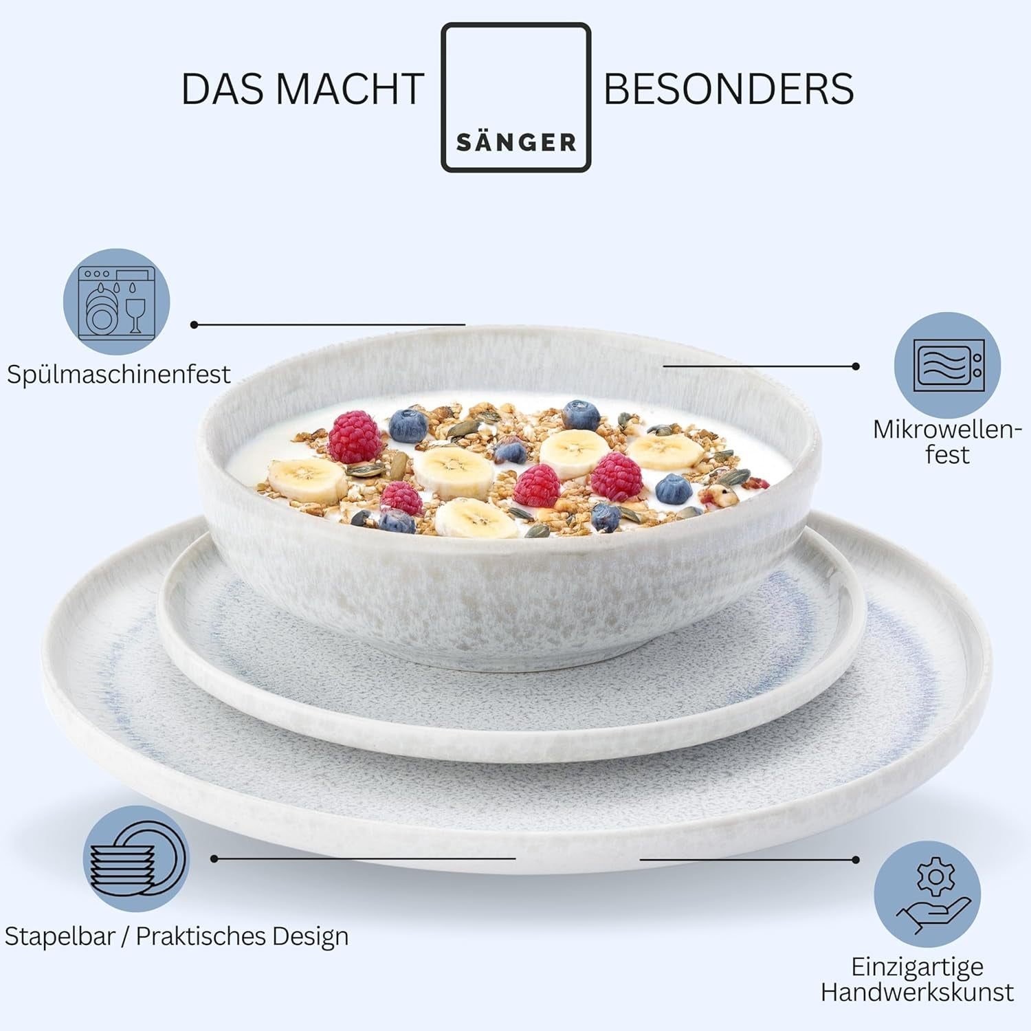 SANGER | 12 stykker Santorini Spisetøj Sæt 4 Person Tallerken Sæt MEGET GOD Vurderet Stentøj Spisetøj Sæt Inklusiv middagstallerkener, Dessert tallerkener og Suma tallerkener Creme Lila Blå Gradient | PREMIUM KOLLEKTIONEN