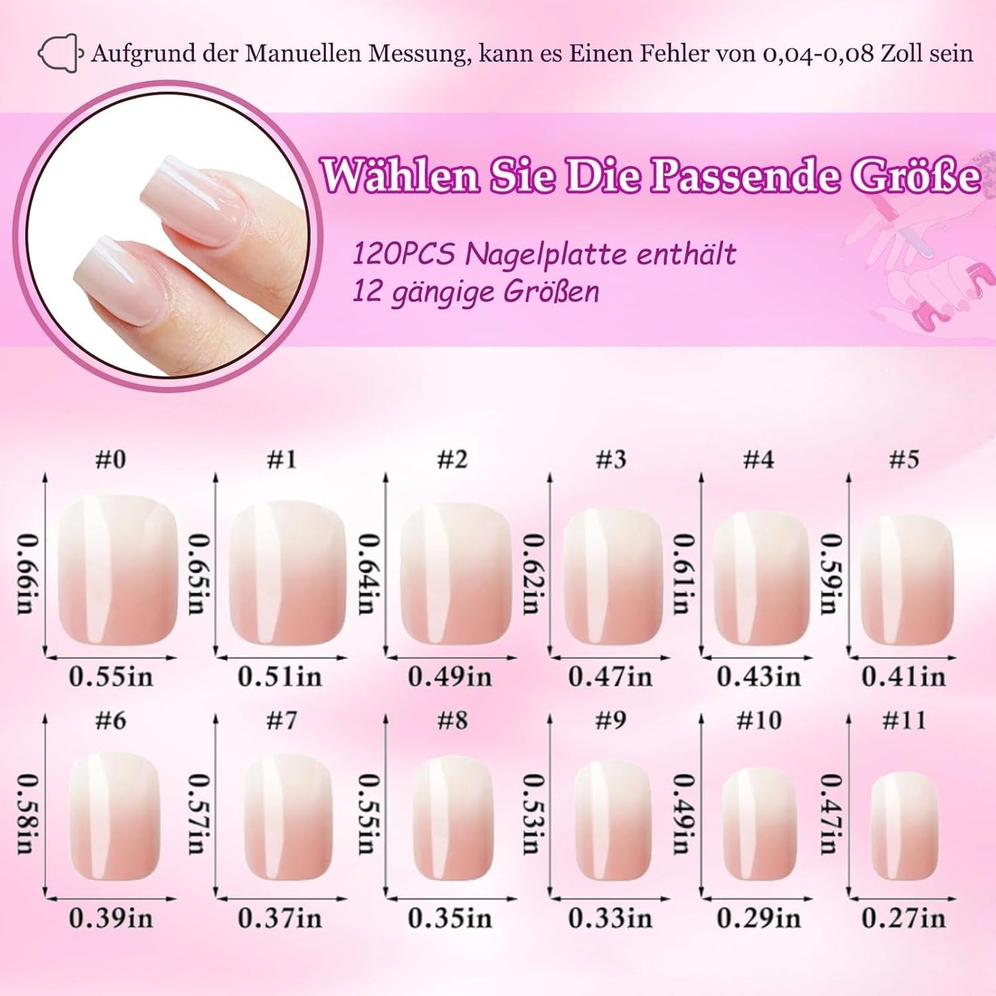 120 stk Nøgne lyserøde falske negle med neglelim - 12 størrelser Kort oval firkantet tryk på negle - smukke negle, lim på kunstige negle - velegnet til kvinders DIY negledesign (Squaval Pink Gradient)