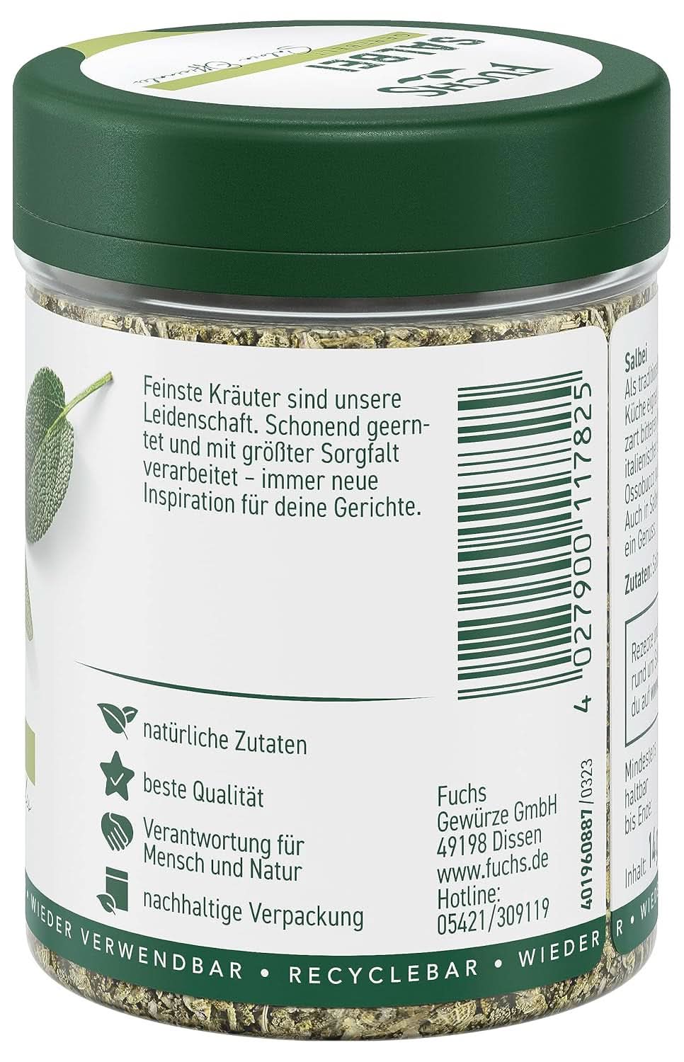 Fuchs, salvie, sur note, delikat bitter til ravioli eller gnocchi, 14 gram krydderier Naty Shop