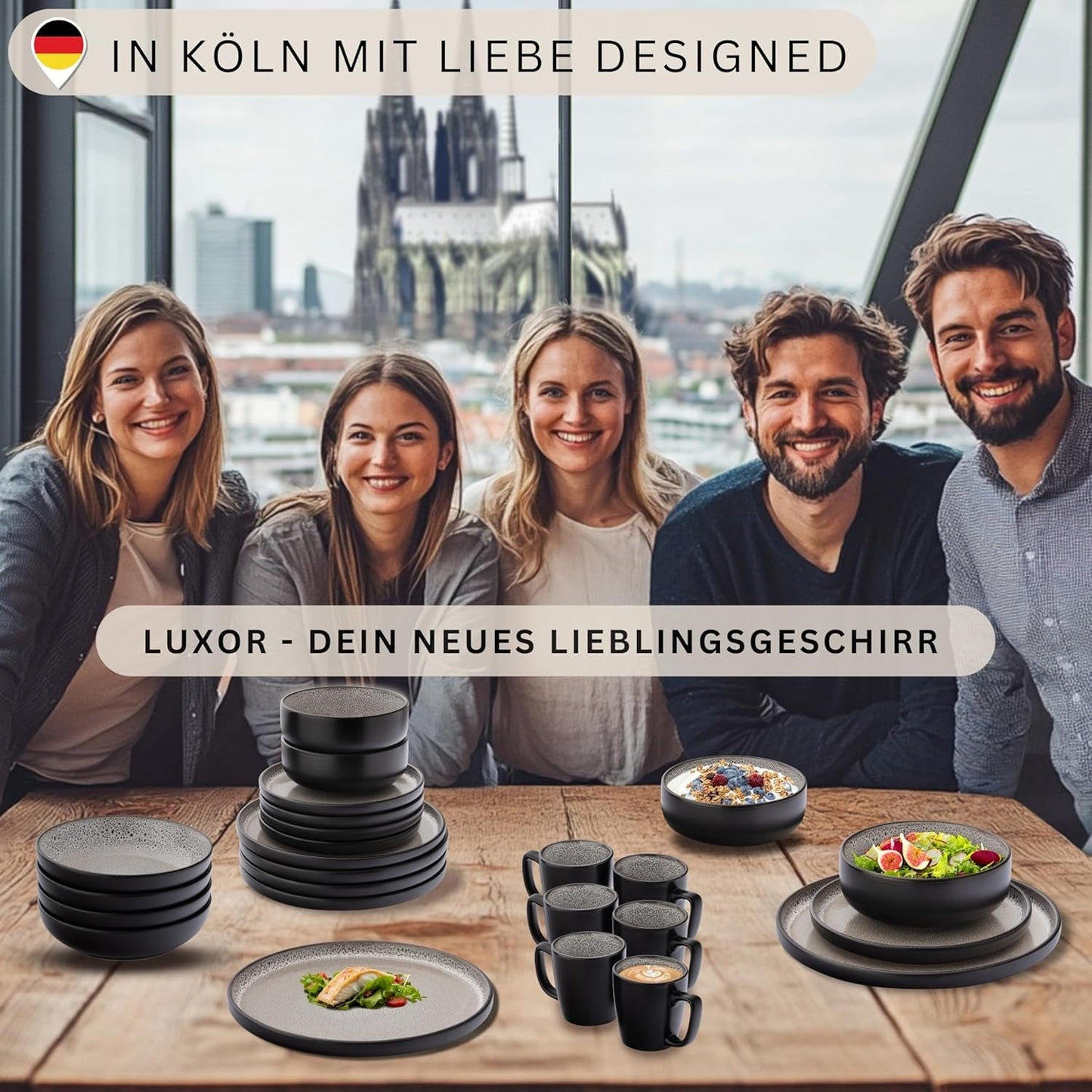 SÄNGER Luxor | Stentøjsstel, 18 stykker, tallerkensæt til 6, porcelænssæt (6 middagstallerkener, 6 kornskåle, 6 desserttallerkener), ridsefast brun-beige porcelæn | VÆRDIINDSAMLING