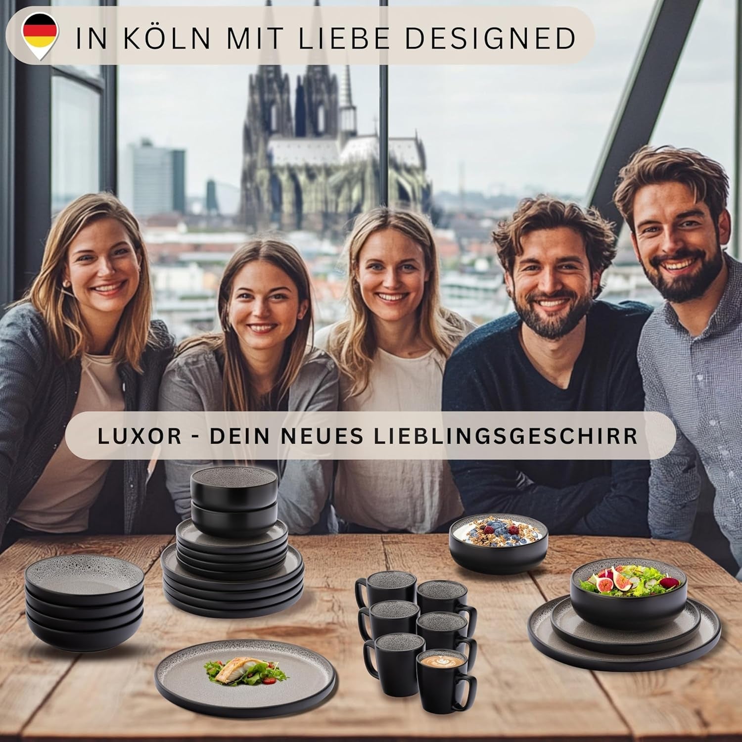 SÄNGER Luxor | Stentøjsstel, 18 stykker, tallerkensæt til 6, porcelænssæt (6 middagstallerkener, 6 kornskåle, 6 desserttallerkener), ridsefast brun-beige porcelæn | VÆRDIINDSAMLING
