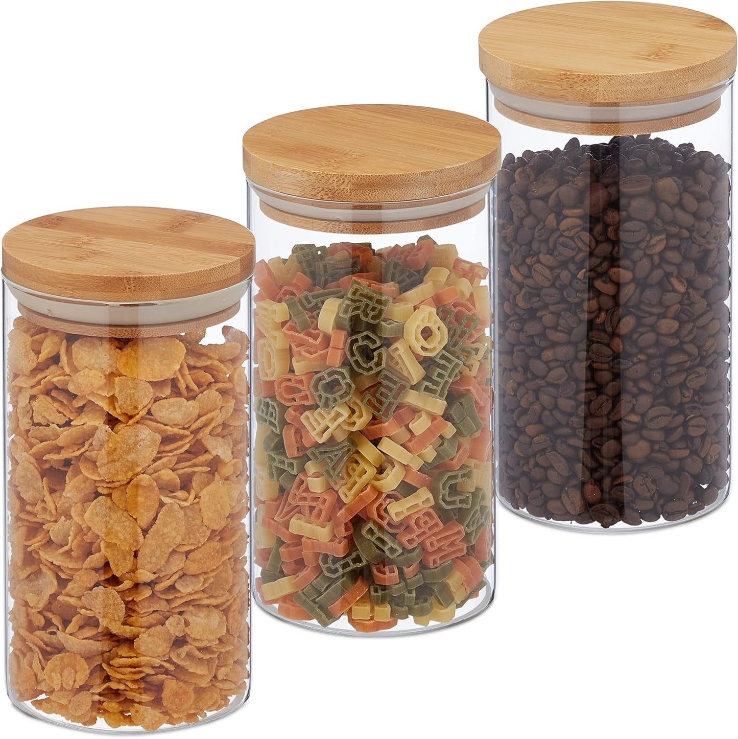 Relaxdays opbevaringskrukker med bambuslåg Sæt med 3 runde glaskrukker 1000ml Lækagesikre Klar/Naturlig 18x10cm Madopbevaringsbokse Naty Shop Transparent/Naturlig 1000Ml